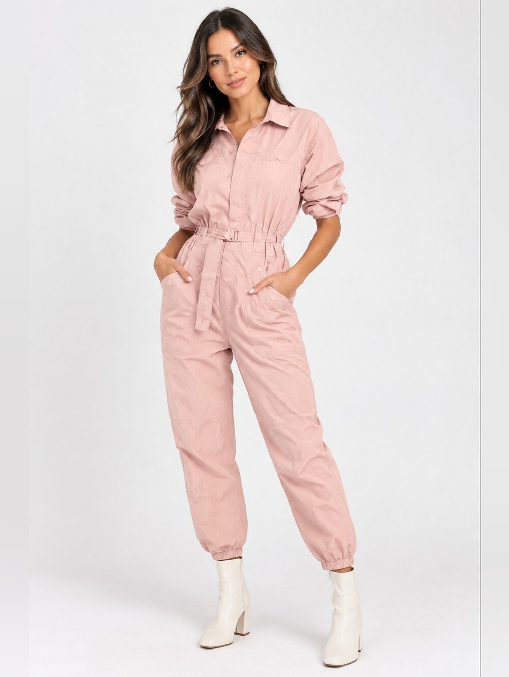 Free People Belted Jumpsuit in Dusty Pink